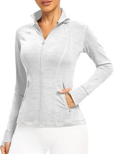 Chaqueta Deportiva Gris Claro para Mujer, Manga Larga, con Cierre, Transpirable, de Spandex y Poliéster, Color Sólido, Corte Casual con Bolsillos - Product Image 4