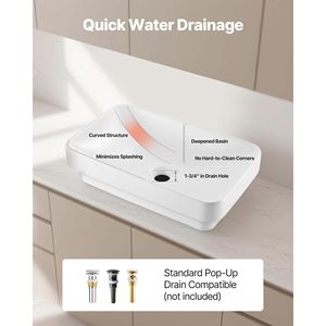 Lavabo Rettangolare in Ceramica Bianca 19.29 X 12.01 Pollici Semi-Incassato con Foro di Scarico da 1 3/4 Pollici per Installazione a Incasso nel Bagno - Product Image 4