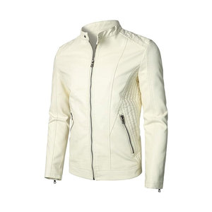 Blouson moto en PU blanc pour homme, col montant, fermeture éclair, coupe ajustée, pour l'automne, manches classiques, couleur unie - Product Image 2