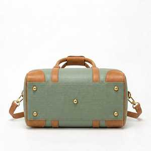 Women's Sage Green Mini Speedy Duffel <b>Bag</b> Leather Boston Handbag With <b>Tan</b> Brown Trim Top Handles Adjustable Shoulder Strap - Product Image 4