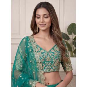 Ethnic Scarves & <b>Shawls</b> Beautiful Green Embroidered Soft Net Lehenga Choli - Product Image 2