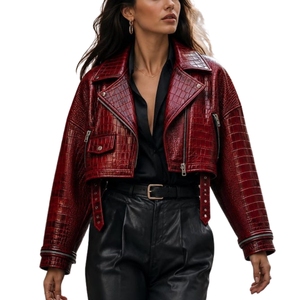Crocodile Embossed Leather Jacket Women Real Leather Crocodile Print Biker Jacket Emerald Green Jacket with Stand Up <b>Cooler</b> - Product Image 4
