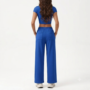 Conjunto Deportivo Personalizado para Mujer, Color Azul Rey, Top Corto de Manga Corta, Pantalones Anchos, Ropa Deportiva Informal para Gimnasio y Entrenamiento, Dos Piezas - Product Image 2