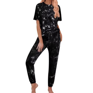 Women Tie Dye Two Piece Set Short Sleeve <b>Tee</b> Drawstring Jogger Pants Summer Loungewear Casual Wear Blue <b>White</b> Gradient - Product Image 6