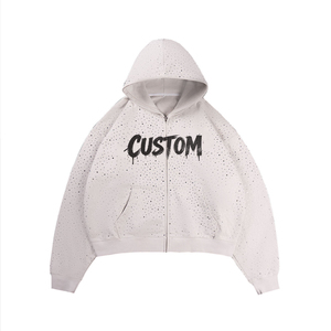 Custom Printed White <b>Hooded</b> <b>Zip</b>-Up Sweatshirt Men Oversized Crop Fit Dot Pattern Breathable Knitted Cotton Streetwear Style - Product Image 1