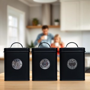 Black Powder Coated Metal Kitchen <b>Canister</b> <b>Set</b> for Tea Coffee Sugar Storage - Product Image 5