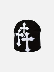 Custom Logo Streetwear Y2K Beanie Gothic Cross Knitted <b>Hat</b> Unisex Jacquard <b>Wool</b> Blend Breathable Waterproof Winter Beanie <b>Men</b> - Product Image 1