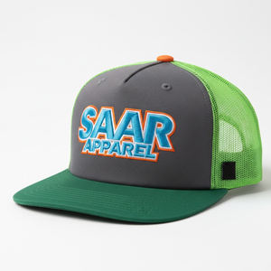 Gorra Trucker Deportiva de 6 Paneles con Logotipo Personalizado Bordado en 3D, Malla Gris y Verde Neón, Cierre a Presión, Premium, Dos Tonos, Transpirable y Cómoda - Product Image 1