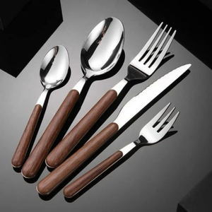 High Quality Stainless Steel <b>Flatware</b> Set With Brown Wood Handles Knives Forks Spoons Utensils For Home & Restaurant Best Price - Product Image 1