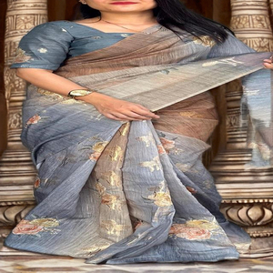 Belle Robe Mousseline Coton Jacquard Saree Blouse Avec Lurex Zari Jacquard Butta et Impression Numérique Tussels Travail Femme Mode - Product Image 1