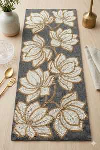 Handmade Embroidered Fabric <b>Table</b> Runner Rectangle <b>Magnolia</b> Flower Design Contemporary Style Decorative Mat - Product Image 4