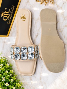 Sandalias Planas Beige con Pedrería para Mujer, Punta Abierta, Estilo Casual, Tendencia de Moda, Estilo Playero, para Todas las Temporadas - Product Image 2