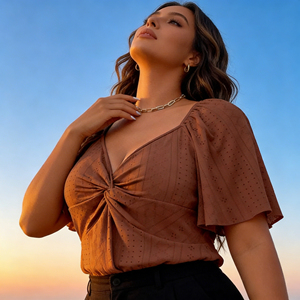 Oferta especial en Temu: Blusa para mujer de talla grande, color marrón, con nudo en la parte delantera, cuello en V, manga corta fluida, bajo asimétrico, estilo túnica informal. - Product Image 4