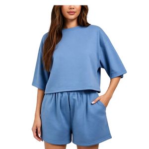 Ensemble crop top et short surdimensionné personnalisé pour femme – Tenue décontractée d'été en coton deux pièces, couleur unie, manches courtes, vêtements de détente - Product Image 3
