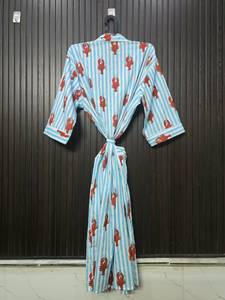 Robe longue en coton pour femmes, imprimé homard, rayée, manches trois quarts, col en V, peignoir décontracté avec fermeture à cordon - Product Image 2