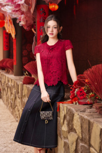Women's Red Floral Lace Blouse <b>Cap</b> <b>Sleeve</b> O-Neck Bow Detail Elegant <b>Top</b> Spring Summer Casual Wear 100% Polyester VELA - Product Image 4