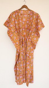 Vintage <b>Boho</b> Floral Block Print Orange Kaftan <b>Dress</b> With Tie Back Loose Fit Short Sleeve Cotton <b>Summer</b> Long <b>Dress</b> - Product Image 5
