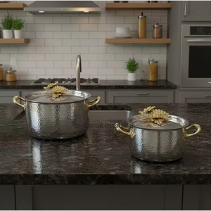 Ensemble de 2 casseroles de luxe en acier inoxydable martelé, professionnel, avec couvercle décoratif motif raisin doré, compatible gaz et respectueux de l'environnement - Product Image 2