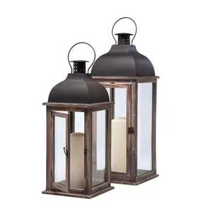 Wooden rectangular lantern pair clear glass panels black domed metal tops hinged <b>doors</b> latch round handles <b>rustic</b> farmhouse - Product Image 1