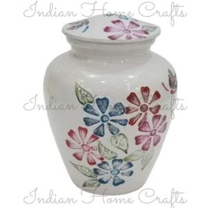 Urna Funeraria Blanca con Diseño Floral, Recipiente Decorativo para Cenizas, Recuerdo Conmemorativo para el Hogar - Artesanía India - Product Image 2