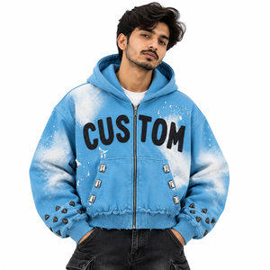 Sweat à capuche unisexe personnalisé vintage délavé à l'acide avec strass imprimés par pulvérisation, fermeture éclair, coupe oversize, en molleton épais, fournisseur ODM OEM - Product Image 1