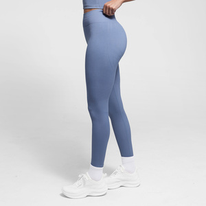 Leggings de sport pour femmes, taille haute, longueur intégrale, sans couture, tricotés, bleu uni, extensibles, respirants, compressifs - Product Image 3