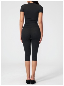 Black 2 Piece Yoga Set Deep V Neck Halter <b>Crop</b> <b>Top</b> High Waist Calf-Length Leggings Seamless Solid Color - Product Image 5