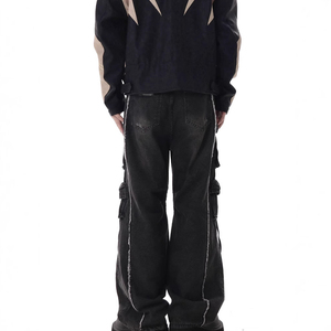 Jean Cargo Noir Homme Taille Haute Coupe Ample Effet Usé Denim Multi-poches Style Streetwear Automne - Product Image 3
