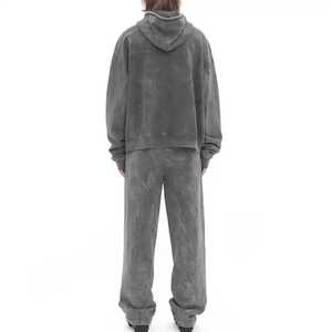 Conjunto unisex de sudadera con capucha de algodón lavado y pantalones deportivos de corte holgado, conjunto deportivo informal de color sólido, conjunto de 2 piezas de longitud completa. - Product Image 2
