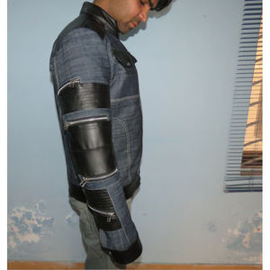 Chaqueta de Mezclilla para Hombre de Alta Calidad con Paneles de Cuero Genuino en Hombros y Mangas, Chaqueta Cortavientos Estilo Biker, Fabricante de Chaquetas Personalizadas - Product Image 5