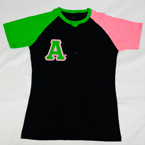   Camiseta Premium Negra de Manga Raglán para Mujer, Negra, Verde, Rosa, Manga Corta, Cuello Redondo, Estilo Griego Informal - Product Image 1