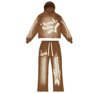 Ensemble de survêtement d'hiver pour homme, style urbain, en molleton, avec impression sérigraphique et en relief, effet délavé à l'acide et effet soleil, comprenant un sweat à capuche et un pantalon de jogging évasé - Product Image 2