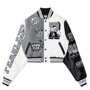 Chaqueta Varsity Blanca para Mujer en Oferta, con Insignias de Chenille, Mangas de Cuero a Rayas, Cuello Alto Retro, Chaqueta de Béisbol - Product Image 4