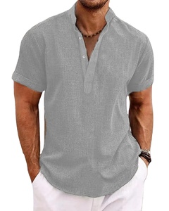 Nueva camiseta de playa informal con cuello Henry para hombre, Camiseta de algodón 100% de alta calidad, manga corta, estilo callejero de Color sólido teñido con lazo - Product Image 6