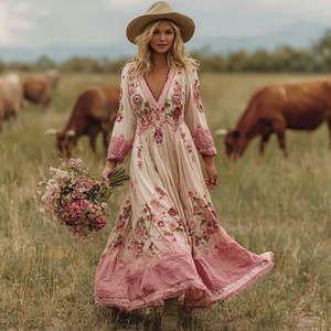 Vestido maxi bohemio con bordado floral, cuello en V profundo, mangas largas, tela crema ligera y fluida para mujer. - Product Image 1