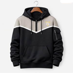Sudadera con capucha y cremallera de un cuarto para hombre, diseño con bloques de color, bolsillo frontal y cremallera en la manga, estilo casual, negro, beige, blanco - Product Image 1