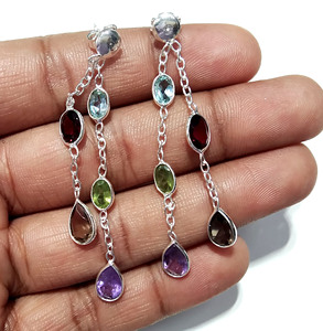 925 <b>Silver</b> Natural Multicolor Gemstone Drop <b>Earrings</b> Amethyst Garnet Peridot Smoky Quartz Bezel Setting Bohemia Style Women's - Product Image 6