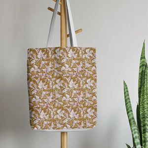 Sac fourre-tout personnalisé en tissu imprimé à la main, réutilisable, en gros, style indien, motifs floraux minimalistes, pour les courses quotidiennes - Product Image 6