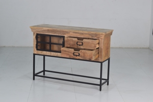 Armoire de cuisine moderne en bois massif avec support en fer et tiroirs de rangement, finition naturelle, design multifonctionnel - Product Image 3