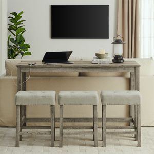 Tavolo Bar con Presa di Corrente da 59 Pollici e 3 Sgabelli Imbottiti, Set di Arredamento per Soggiorno in 4 Pezzi, Combinazione Tavolo e Sedie da Pranzo - Product Image 1