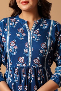 Top/Kurta de Algodón con Estampado Floral Azul para Mujer, Corte Regular, Largo Regular, Estilo Informal para Fiestas, Estilo India Pakistán, Secado Rápido - Product Image 5