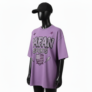 T-shirt oversize pour femme en coton jersey simple GSM, coupe décontractée, avec logo violet pailleté et impression personnalisée - Product Image 4