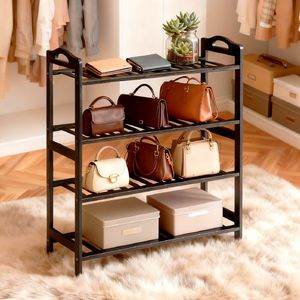 Scarpiera Portatile in Bambù a 4 Ripiani 26.77*9.84*28.74 Pollici, Design Moderno Nero, Mobile in Legno Massello per Soggiorno - Product Image 2