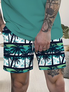 Conjunto de 2 Piezas de Camiseta sin Mangas y Pantalones Cortos de Secado Rápido 100% Algodón, Estilo Vacacional Tropical con Palmeras, para Hombre, Ropa Urbana Diaria de Verano - Product Image 6