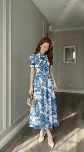 Vestido Maxi de Seda Azul Floral Elegante para Mujer, de Alta Calidad, con Manga Corta, Estampado Vintage, para Fiesta o Vacaciones - Product Image 4