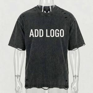 เสื้อยืดโอเวอร์ไซส์สไตล์วินเทจขาดๆ สำหรับผู้ชาย ผ้าฝ้าย 100% ล้างสีแบบแอซิดวอช สตรีทแวร์ พร้อมรอยขาดแบบฉีกขาด เสื้อยืดสองชั้นแบบสั่งทำพิเศษ - Product Image 6