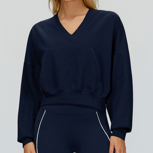 Sudadera Deportiva Personalizada 100% Algodón para Mujer, Nueva Sudadera Negra Corta de Manga Larga con Cuello en V, Sudadera con Capucha - Product Image 4