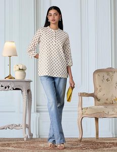 Top de algodón con cuello mandarín y estampado de piña para mujer, jersey informal de manga tres cuartos, corte regular, para todas las estaciones - Product Image 2