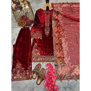 Ensemble 3 pièces en velours brodé avec sequins, haut, palazzo et dupatta, rouge, pour tous les jours, écologique, 100% polyester - Product Image 1