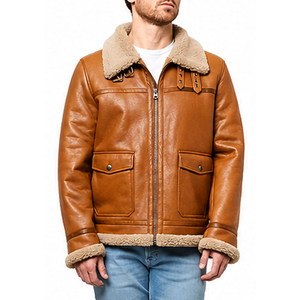 Veste en cuir véritable vintage blanche pour homme, col rabattu, doublure en sherpa, fermeture éclair, manteau d'hiver - Product Image 6